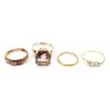 Two 9ct yellow gold rings and two yellow metal dress rings, approx 8.6g (4).Additional