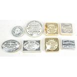Eight Victorian toothpaste jar covers with varies transferred detail (8).Additional