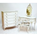A cream and gilt painted kidney shaped dressing table with oval mirror on cabriole legs with glass