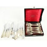 CHRISTOFLE PARIS; a cased set of twelve silver plated dessert forks and a set of twelve silver