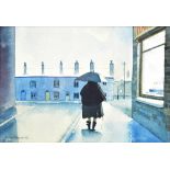 ROBERT 'BOB' LITTLEFORD (born 1945); watercolour, figure standing beneath and umbrella beside H