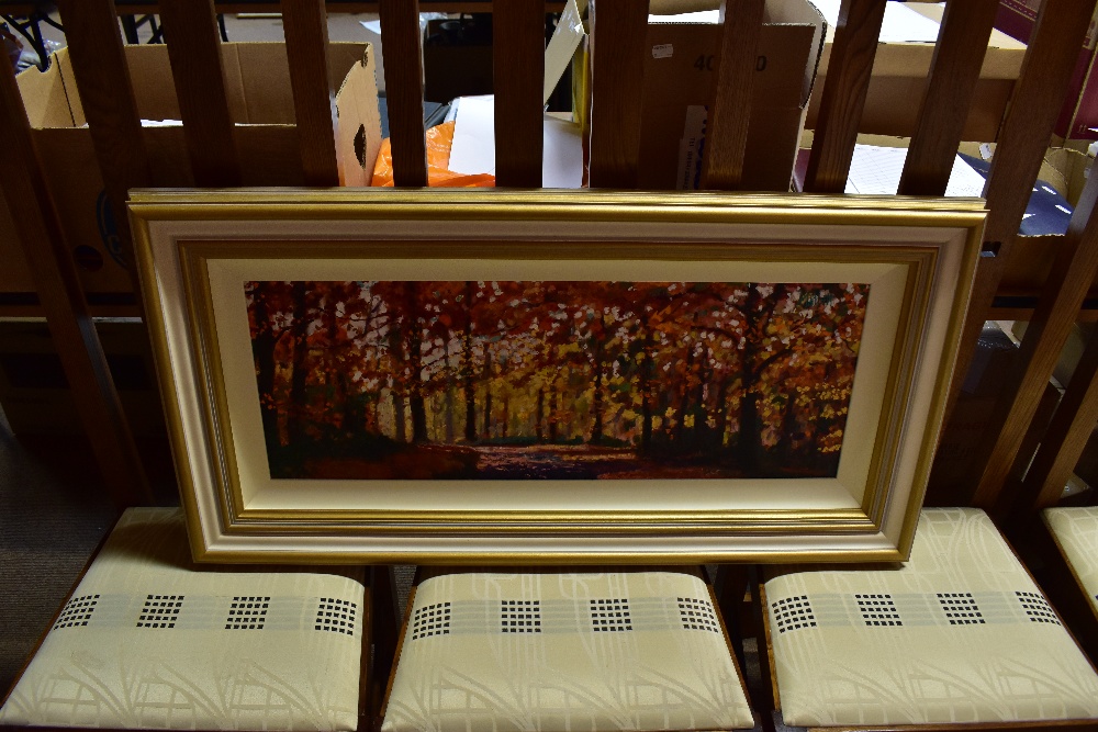 TIMMY MALLETT; oil on canvas, 'Autumn Adventure', rich, colourful landscape, 30 x 78cm, framed. (D) - Bild 2 aus 3