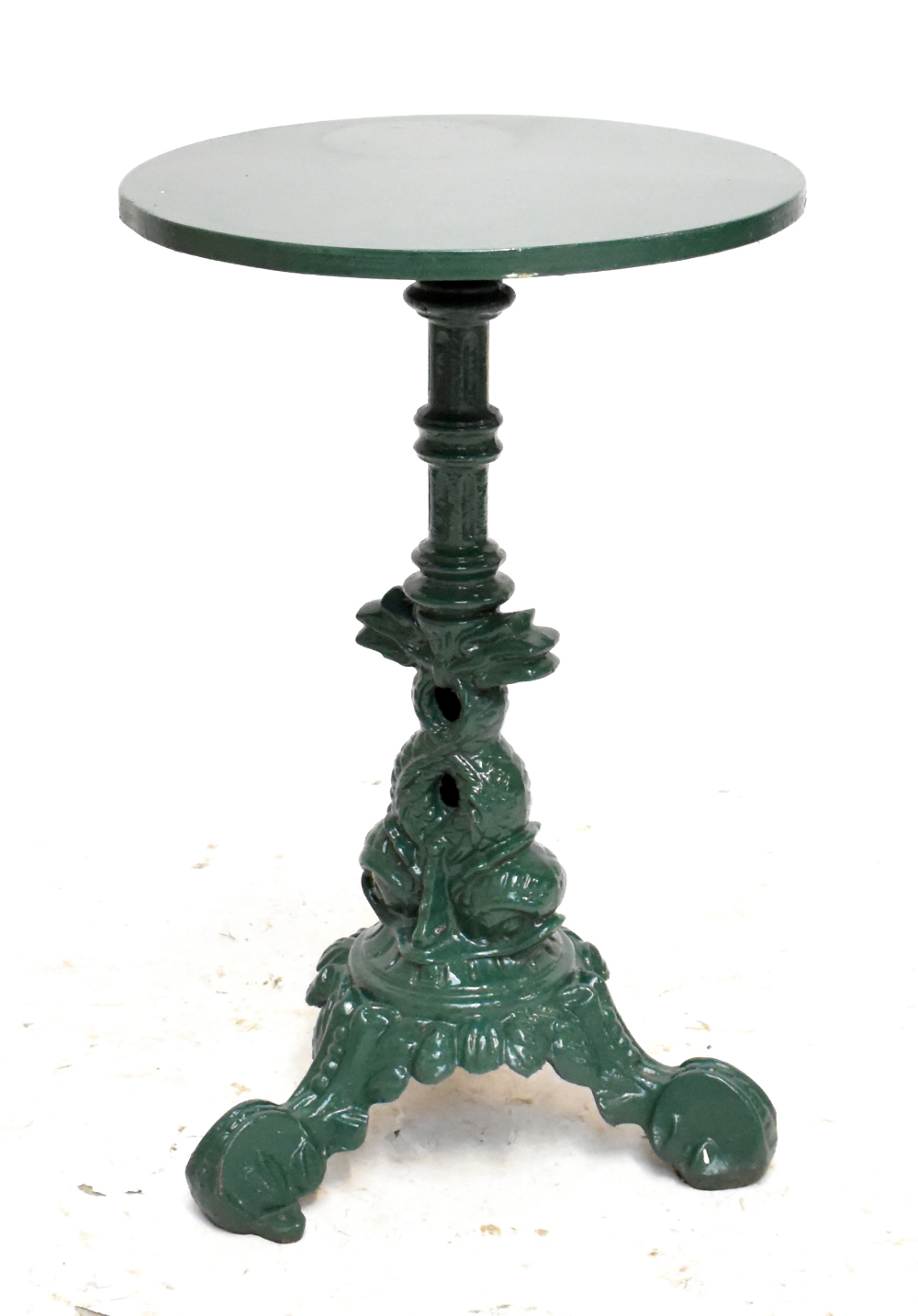 An early 20th century green painted cast iron garden table, with later wooden top, diameter 44cm.
