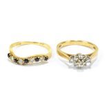 An 18ct yellow gold, diamond and sapphire dress ring, size L, and a 9ct and diamond cluster ring,