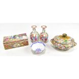 Four pieces of Canton porcelain including a rectangular lidded box, length 19cm, tureen and cover,