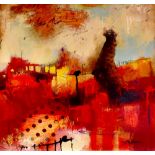 JOHN & ELLI MILAN; oil on board, 'Red Montage VI', abstract composition, signed lower right, 30 x