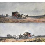 HENRY HILTON; pair of watercolours, coaching scenes, signed, 12.5 x 30cm, framed and glazed.