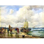 GEORGE HAMILTON CONSTANTINE (1878-1967); watercolour, figures on a quayside with boats in the