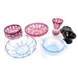A Bohemian ruby tinted cut glass bowl, similar bowl and vase and various other glassware.