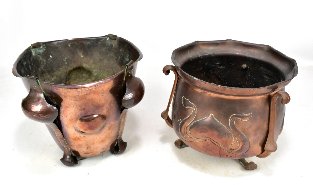 W SOUTER; two Arts and Crafts copper planters, one with applied and relief stylised decoration,