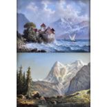 EH TILL; a pair of oils, Continental mountainous landscapes, both signed, 14.5 x 20cm, framed and