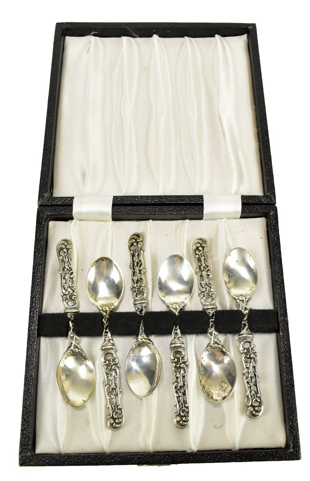 A cased set of six French white metal teaspoons, with pierced hunting scene handles, approx 3.8ozt/