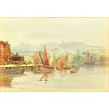 19TH CENTURY ENGLISH SCHOOL; watercolour, Whitby Harbour with boats to foreground and outline of