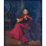 UNATTRIBUTED; small oil on panel, a Cardinal seated playing a lute, indistinctly signed, inscribed