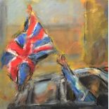 GHISLAINE HOWARD (born 1953); oil on board, 'Great Britain', United Kingdom flag and black taxi,