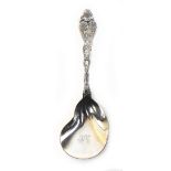 TIFFANY & CO; a sterling silver strawberry spoon, handle cast with three strawberries above rope