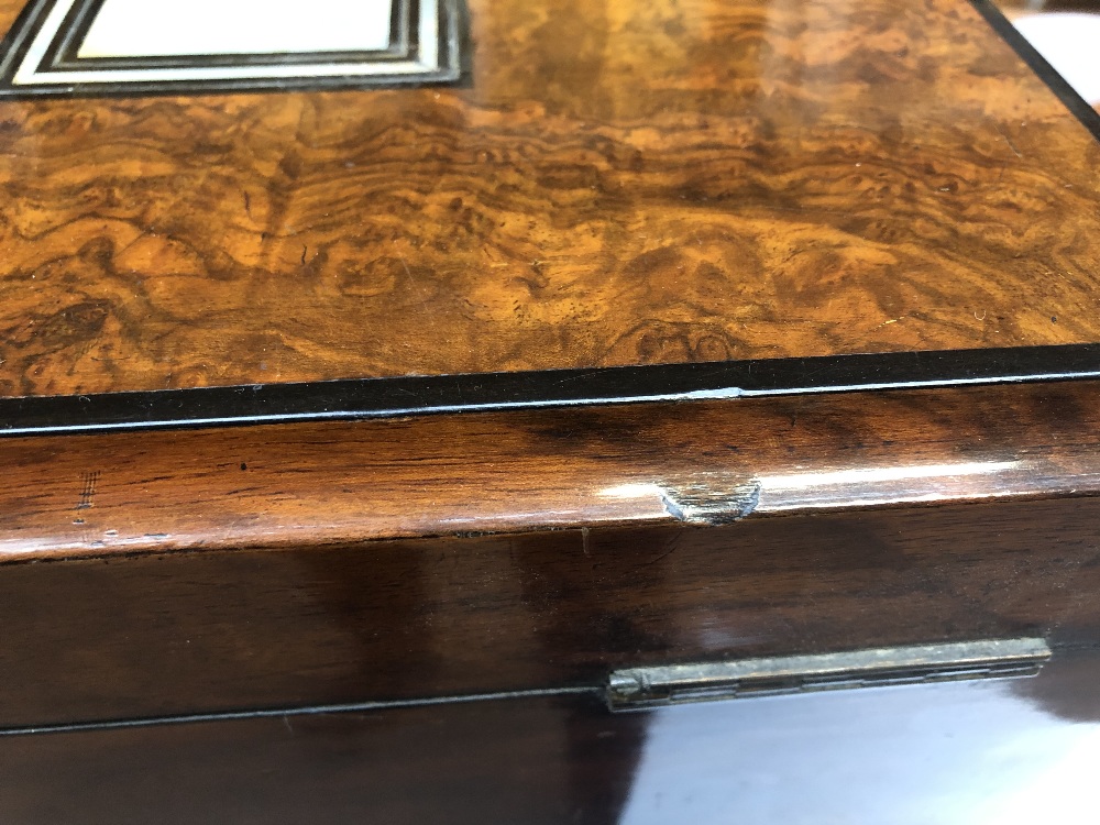 A Victorian burr walnut rectangular sewing box, the cover inlaid with a mother of pearl panel - Image 6 of 6