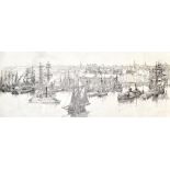 CARL G EVERS (contemporary, German/American); pencil sketch of  port featuring schooners and