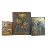 Two Russian icons, oil/tempera on panel, the larger depicting Christ and the Resurrection, 34.5 x