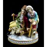 MEISSEN; a mid-19th century figure group of a wood gatherer and his wife, painted blue crossed