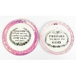 Two 19th century Sunderland lustre circular religious plaques, the first inscribed 'Prepare to