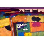 DAVID BRODY; oil on canvas, ‘Extended Croft House’, abstract colourful landscape, signed