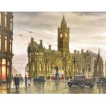 STEPHEN SCHOLES (born 195); oil on board, 'Albert Square, Manchester', signed lower left, 39.5 x