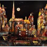 ROZANNE BELL (born 1962); acrylic and mixed media on board, moonlit harbour scene, signed lower