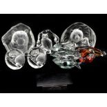 MATS JONNASSON; five clear and frosted glass paperweights, each decorated with animals to include