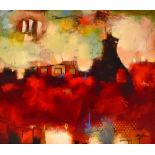 JOHN & ELLI MILAN; oil on board, 'Red Depths I', abstract composition, signed lower right, 30 x
