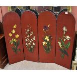 A small early 20th century leather clad three-fold four section floral painted screen, height