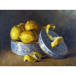 CRIN GALE (born 1947); oil on canvas, 'Lemons with Blue and White China Box', still life, signed