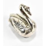 A late 19th century Dutch snuff box, modelled as a swan with red paste stone eyes, approx 0.5ozt/