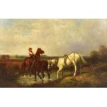 IN THE MANNER OF JOHN FREDERICK HERRING; oil on card, a figure upon a horse with two further