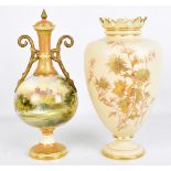 J.H.PLANT FOR ROYAL DOULTON; a twin handled hand painted pedestal lidded urn vase depicting a view
