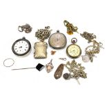 A group of pocket watches to include a silver example (af), base metal chains, etc.