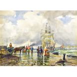 GEORGE HAMILTON CONSTANTINE (1878-1967); watercolour, figures on a quayside with boat approaching,
