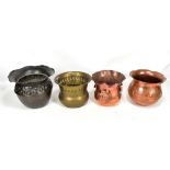 Four Arts and Crafts metal planters to include a copper example leaf decorated with stylised