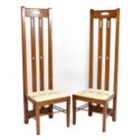 A set of six reproduction oak framed high back dining chairs modelled after Charles Rennie