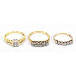 Two 18ct yellow gold diamond rings, a five stone ring, the central diamond weighing 0.15ct, also a