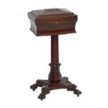 A Victorian mahogany teapoy with hinged cover enclosing fitted interior on column terminating in