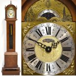 A reproduction burr walnut and oak veneered granddaughter clock with single dial and Roman