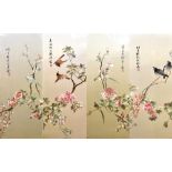 Four 20th century Chinese silks depicting birds in landscapes, each signed, 97 x 33cm, each framed