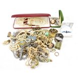 A group of costume jewellery to include a silver and enamelled RAF sweetheart brooch, faux pearls,