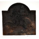 A 19th century cast iron fire back with chevalier on horseback and letter ’R’ in relief, 54 x 58cm.