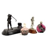 A metal golfing desk inkwell on slate base with impressed marks 'Wellington 1822', a Polland