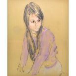 HAROLD FRANCIS RILEY DL DLitt FRCS DFA ATC (born 1934); pastel on paper, young girl seated in purple