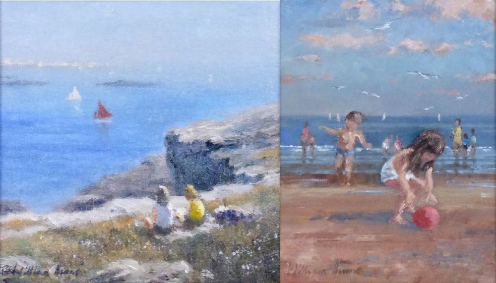 WILLIAM BURNS RIBA FSAI FRSA (1924-1995); two oils on canvas, 'Beach Games, Scarborough', and 'Cliff