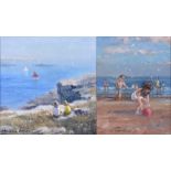 WILLIAM BURNS RIBA FSAI FRSA (1924-1995); two oils on canvas, 'Beach Games, Scarborough', and 'Cliff