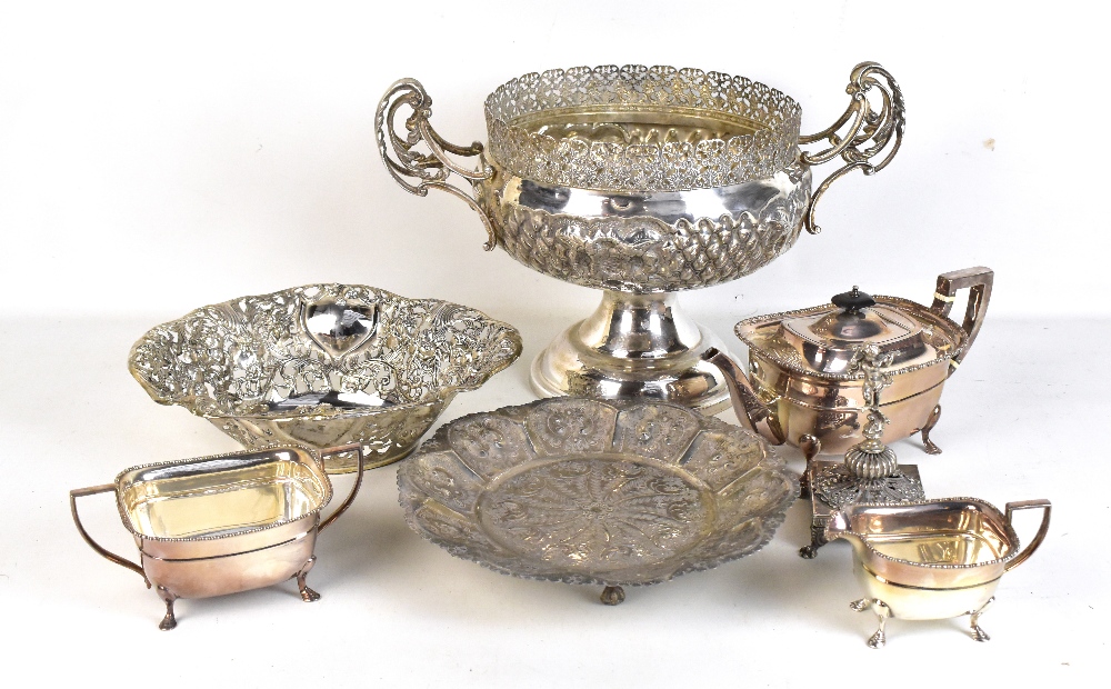 A small group of silver plated items including bowl with pierced gallery and repoussé foliate detail